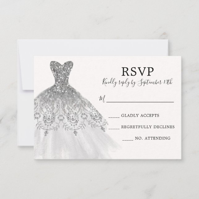Silver Gray Glitter Sparkle Dress Gown Script RSVP Card (Front)