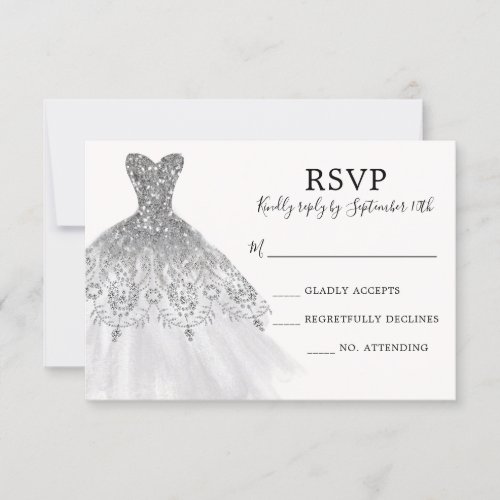 Silver Gray Glitter Sparkle Dress Gown Script RSVP Card