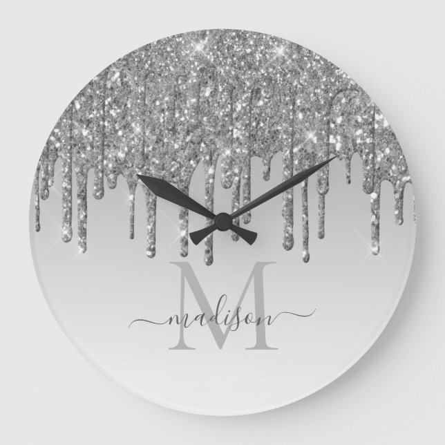 Silver Gray Glitter Sparkle Glam Dripping Monogram Large Clock (Front)