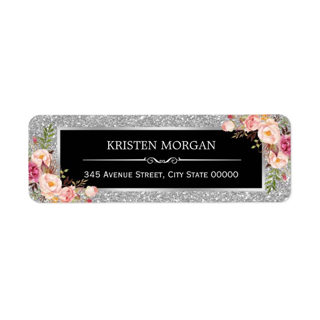 Silver Gray Glitter Sparkles Classy Pink Floral Label