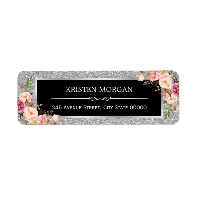 Silver Gray Glitter Sparkles Classy Pink Floral Label (Front)