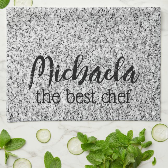 Silver gray glitter sparkles Custom name best Chef Kitchen Towel (Folded)