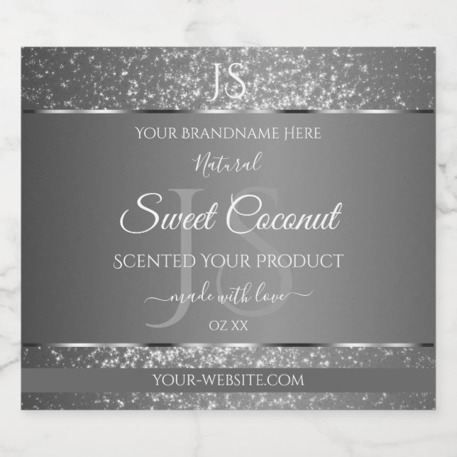 Silver Gray Glitter Stars Initials Product Labels (Single Label)