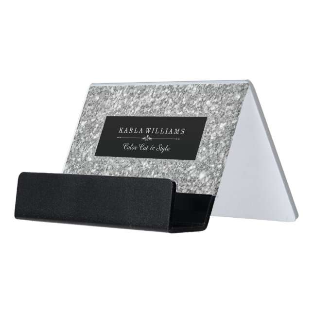 Silver Gray Glitter Texture Black Accent Desk Business Card Holder (Angled Front)