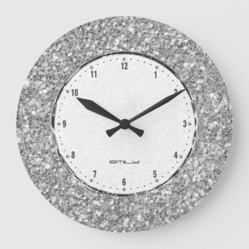 Silver Gray Glitter Texture Print Large Clock