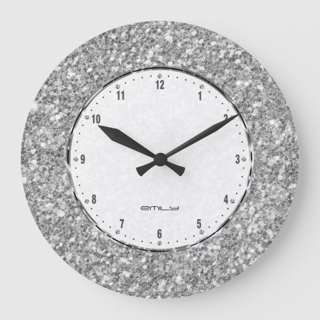 Silver Gray Glitter Texture Print Large Clock (Front)