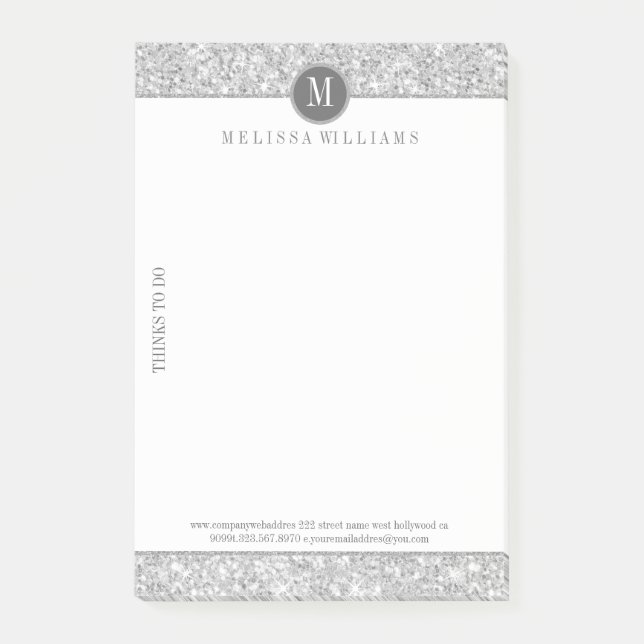 Silver Gray Glitter Texture & White Post-it Notes (Front)