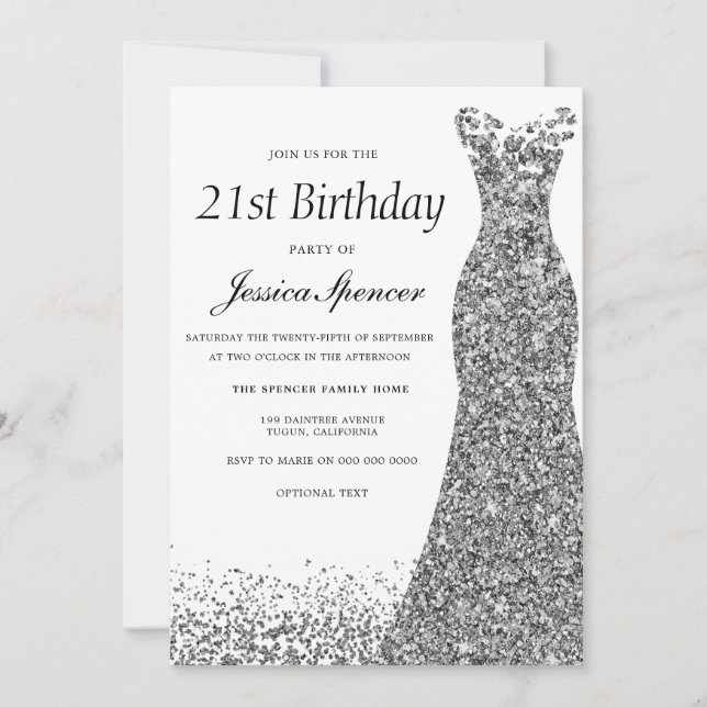 Silver Gray Glitter Womans 21st Birthday Party Invitation (Front)
