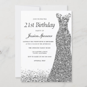 Silver Gray Glitter Womans 21st Birthday Party Invitation