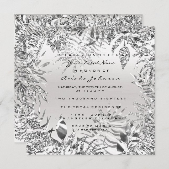 Silver Gray GlitterMetal Tropical Leaf White Frame Invitation (Front/Back)