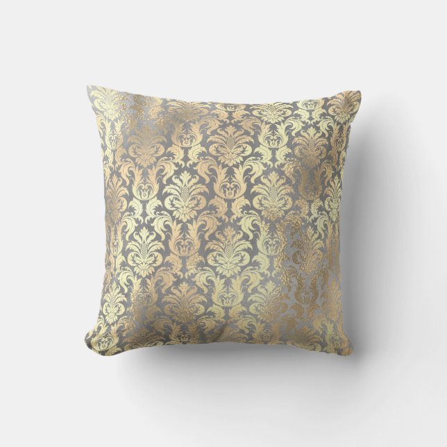Silver Gray Gold Damask Antonietta Champaigne Throw Pillow (Front)