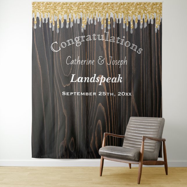 Silver Gray Gold Glitter Dripping Wedding Tapestry (In Situ)