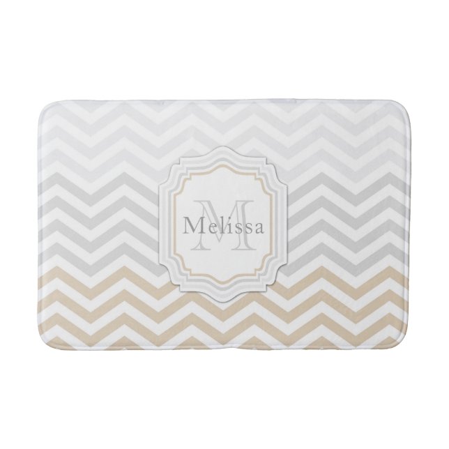 Silver Gray Gold Monogram Chevron Bath Mat (Front)