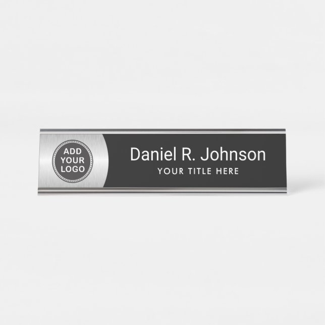  Silver gray gradient custom logo modern black Desk Name Plate (Front)