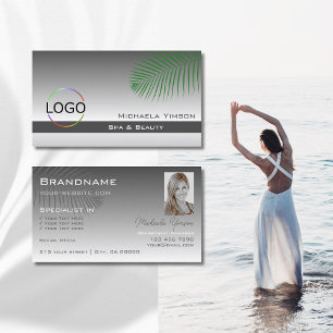 Silver Gray Gradient Palm Leaf Logo and Photo Business Card