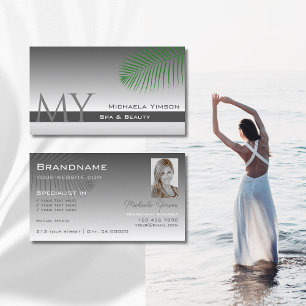 Silver Gray Gradient Palm Leaf Monogram and Photo Business Card
