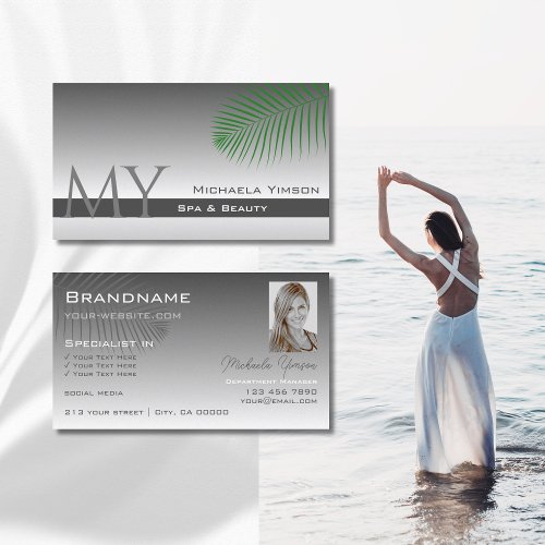 Silver Gray Gradient Palm Leaf Monogram and Photo Business Card