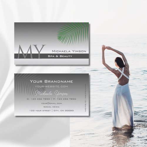 Silver Gray Gradient Palm Leaf Monogram Simply Business Card
