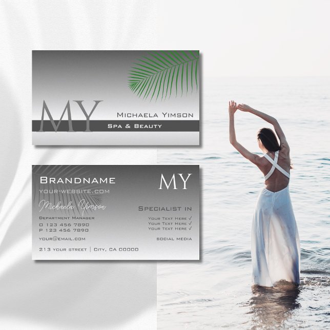 Silver Gray Gradient Palm Leaf with Monogram Business Card (Creator Uploaded)