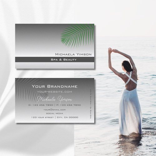 Silver Gray Gradient with Cute Palm Leaf Simple Business Card