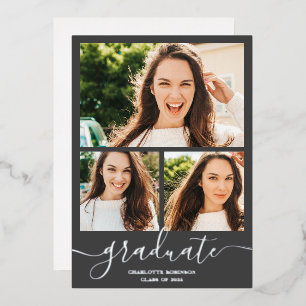 Silver gray graduate script 3 photos graduation foil invitation