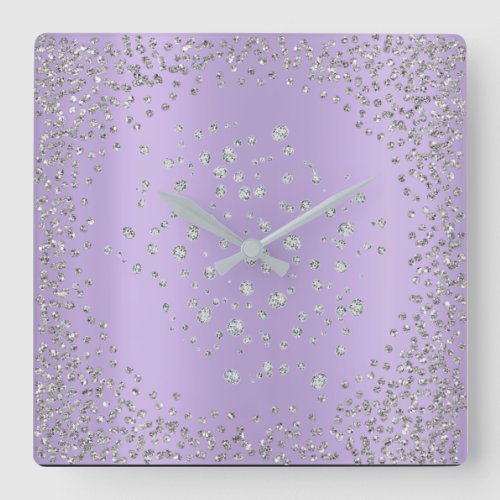 Silver Gray Graphite Diamond Crystals Lavender Square Wall Clock
