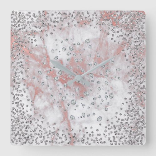 Silver Gray Graphite Diamond Crystals Marble PInk Square Wall Clock