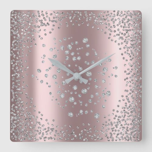 Silver Gray Graphite Diamond Crystals Rose Gold Square Wall Clock