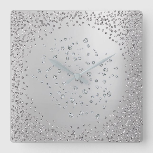 Silver Gray Graphite Diamond Gems Crystals Square Wall Clock (Front)