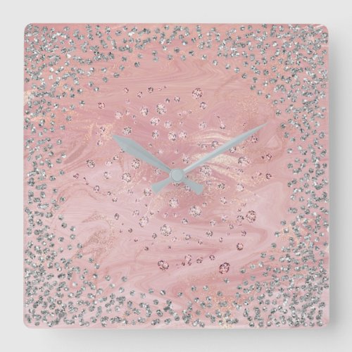 Silver Gray Graphite Diamonds Crystals Marble Pink Square Wall Clock