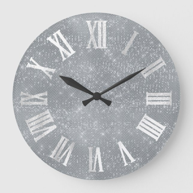 Silver Gray Gray Minimal Smoky Blue Roman Numbers Large Clock (Front)