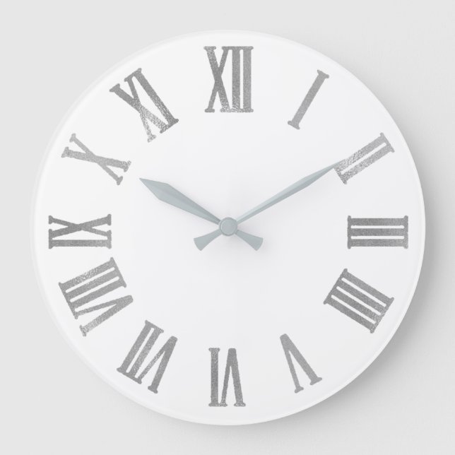 Silver Gray  Gray White Minimal  Roman Numbers Lux Large Clock (Front)