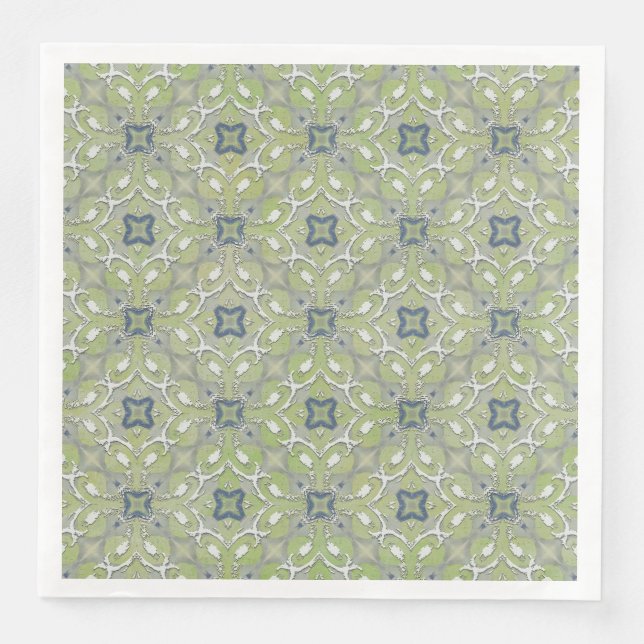 Silver Gray Green Blue Metallic Filigree Pattern Paper Dinner Napkins (Front)