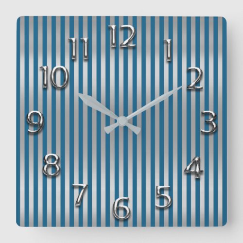 Silver Gray Grey Arabic Number Blue Stripes Lines Square Wall Clock