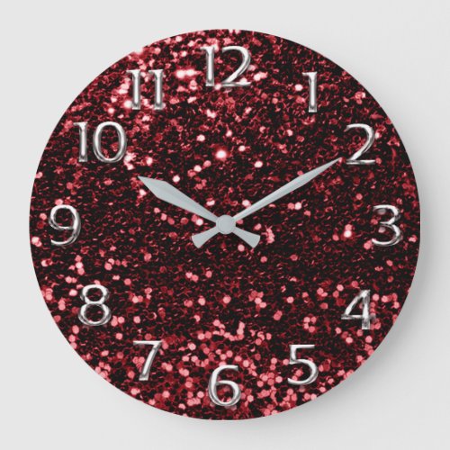 Silver Gray Grey Arabic Numbers Glitter Burgundy Large Clock