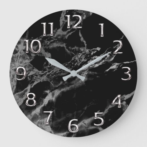 Silver Gray Grey Arabic Numbers Marble Black Large Clock