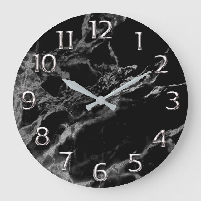 Silver Gray Grey Arabic Numbers Marble Black Large Clock (Front)