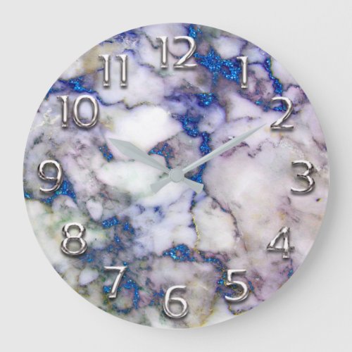 Silver Gray Grey Arabic Numbers Marble Sapphire Large Clock