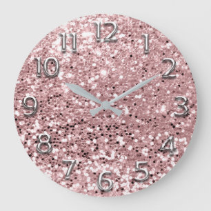 Silver Gray Grey Arabic Numbers Pink Glitter Blush Large Clock