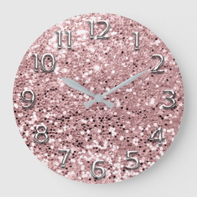 Silver Gray Grey Arabic Numbers Pink Glitter Blush Large Clock (Front)