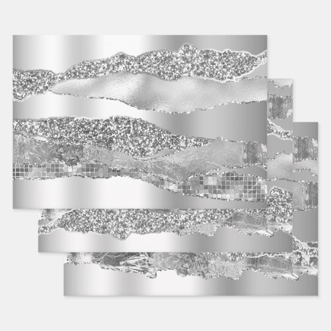 Silver gray grey glitter metallic foil chic wrapping paper sheets (Set)