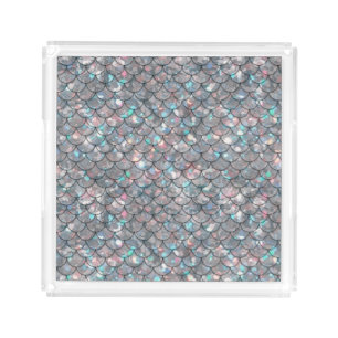 Silver Gray Grey Mermaid Fish Scales Holographic Acrylic Tray