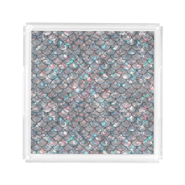 Silver Gray Grey Mermaid Fish Scales Holographic  Acrylic Tray (Front)
