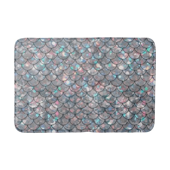 Silver Gray Grey Mermaid Fish Scales Holographic  Bath Mat (Front)