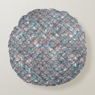 Silver Gray Grey Mermaid Fish Scales Holographic  Round Pillow
