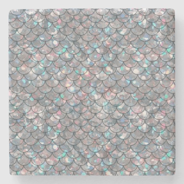 Silver Gray Grey Mermaid Fish Scales Holographic  Stone Coaster (Front)