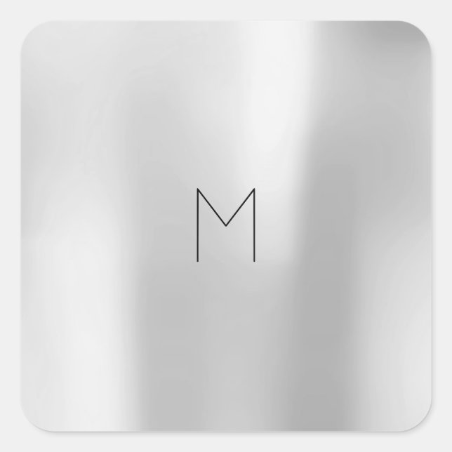 Silver Gray Grey Metallic Minimal Monogram Square Sticker (Front)