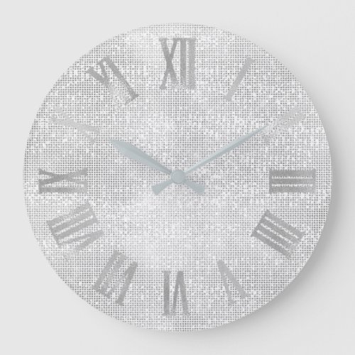 Silver Gray Grey Minimal Monochrom Roman Numbers Large Clock