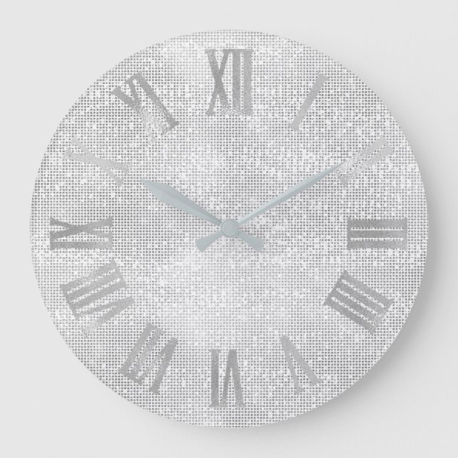 Silver Gray Grey Minimal Monochrom Roman Numbers Large Clock (Front)
