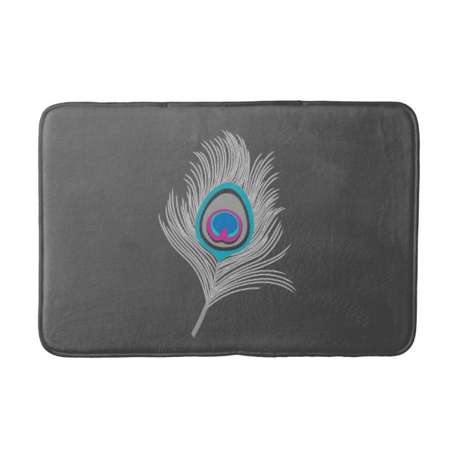 Silver Gray / Grey Peacock Feather on Graphite Bath Mat (Front)